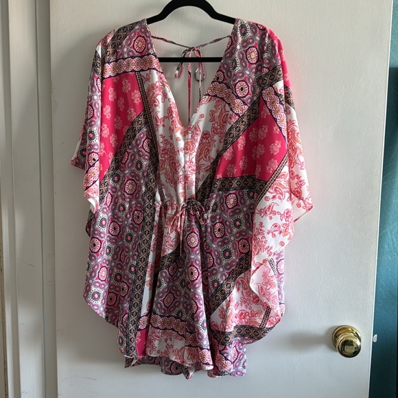 Handkerchief romper, pink print, one piece, pull-on, draw-string - Picture 2 of 4